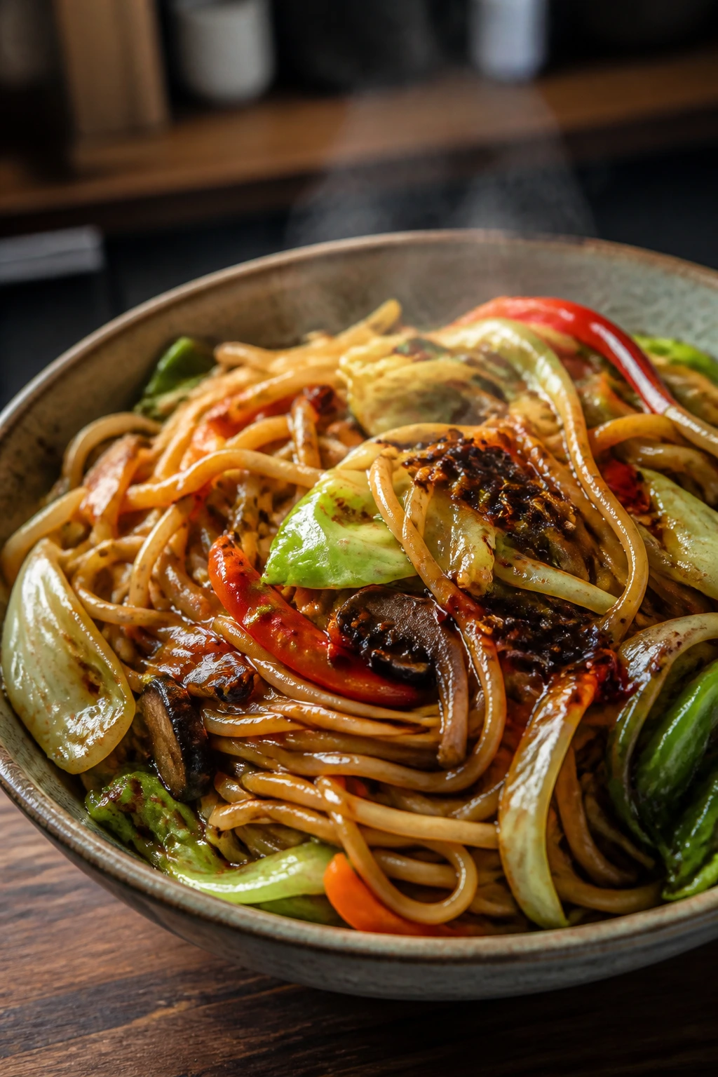 Close-up of a glossy spicy vegetable lo mein with crisp vegetables