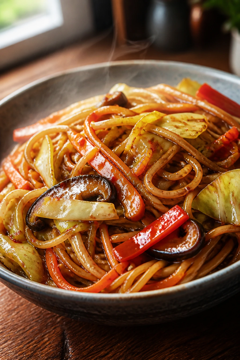 Close-up of glossy spicy lo mein with mixed vegetables filling the bowl