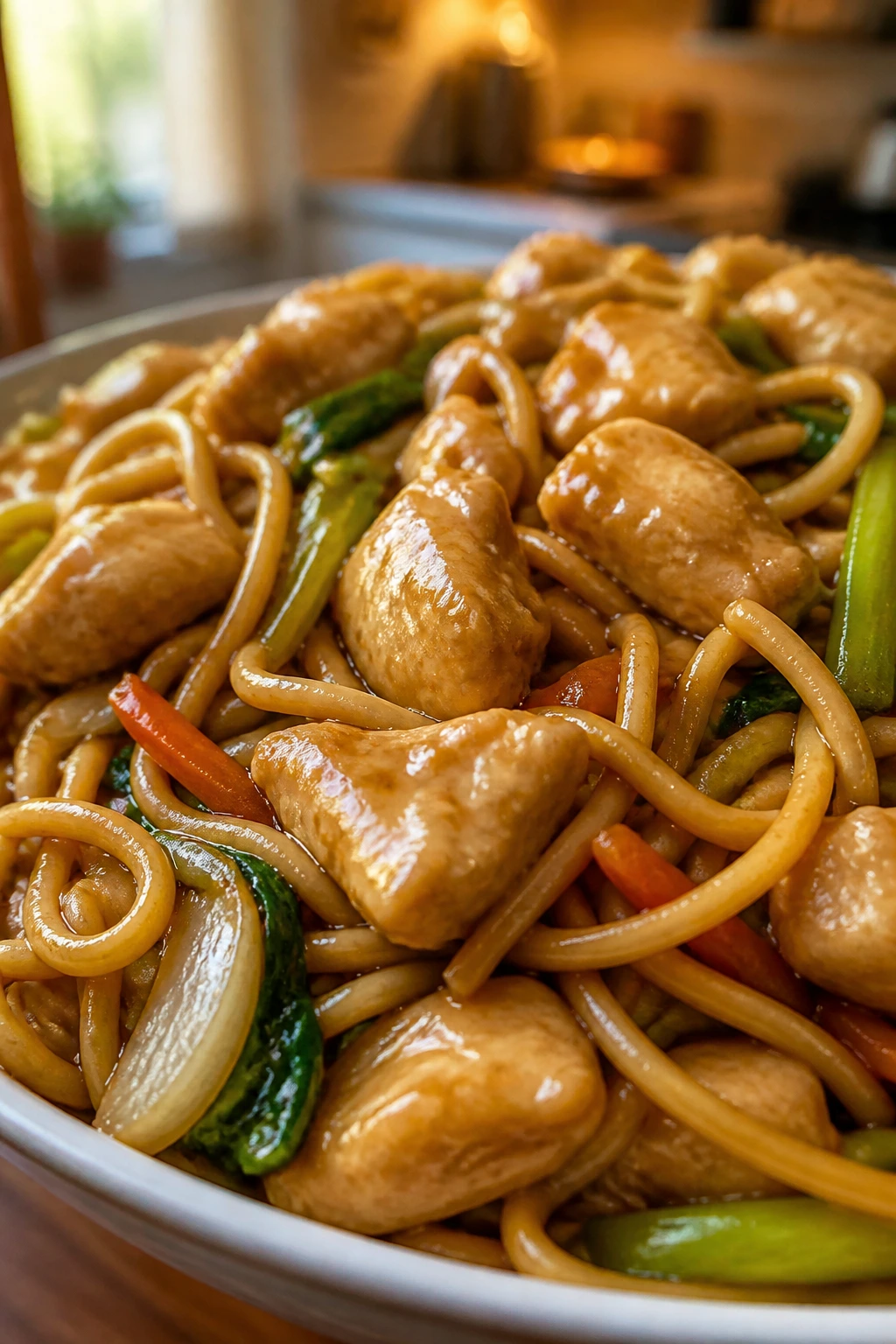 Close-up of velvety chicken and lo mein noodles on a plate