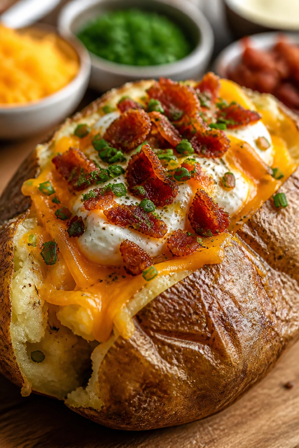 Loaded baked potato with toppings on a kitchen counter