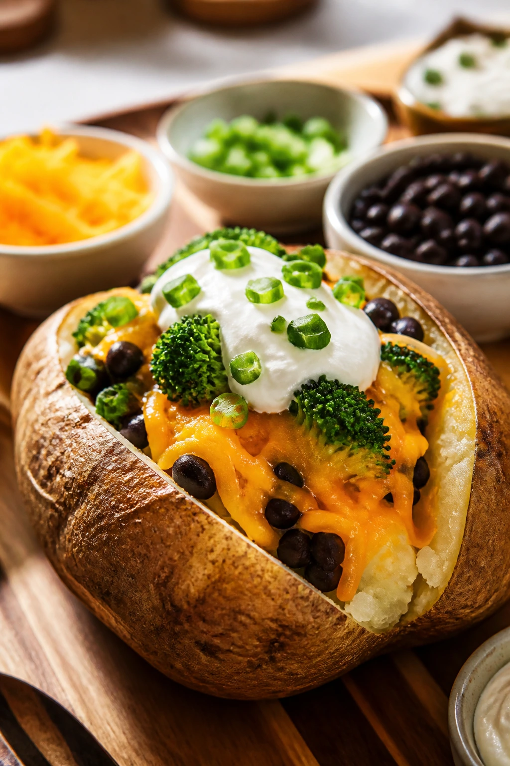 Baked potato with toppings arranged around on a wooden board
