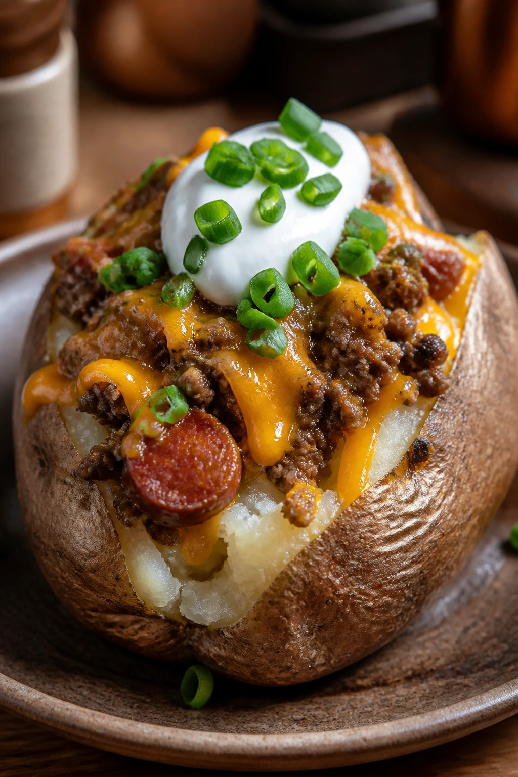 Close-up of loaded baked potato with beef-sausage topping, cheddar and sour cream