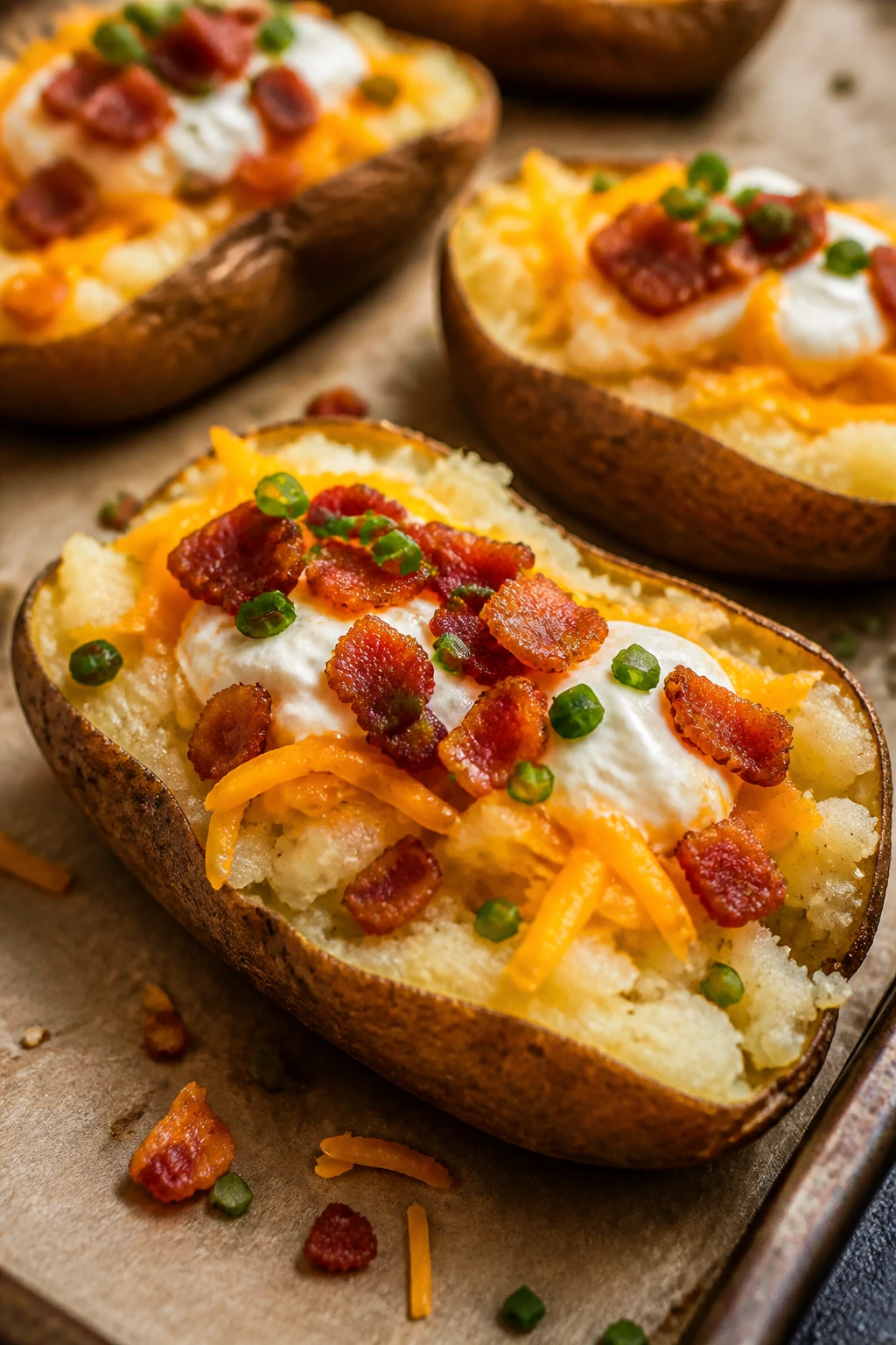 Close-up of loaded baked potato boats with cheese, sour cream, and bacon
