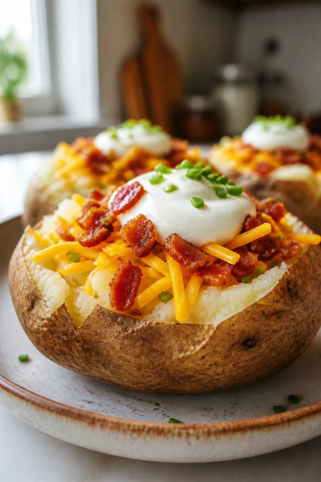 Split baked potato with cheese, bacon, and sour cream