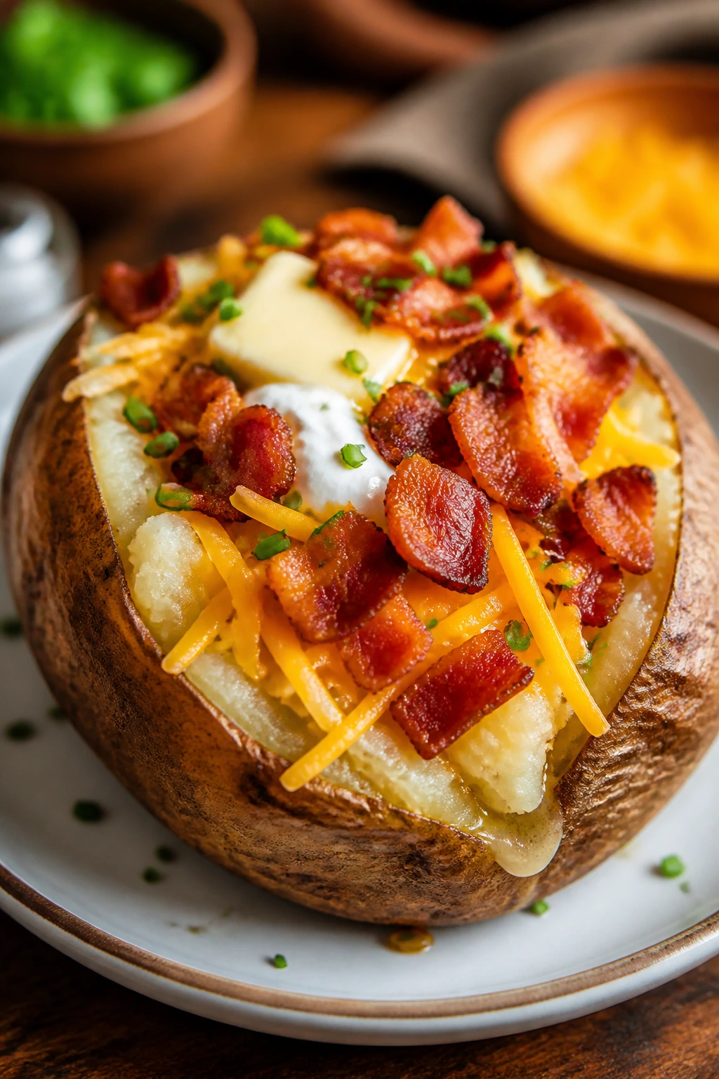 Close-up of a loaded baked potato with toppings