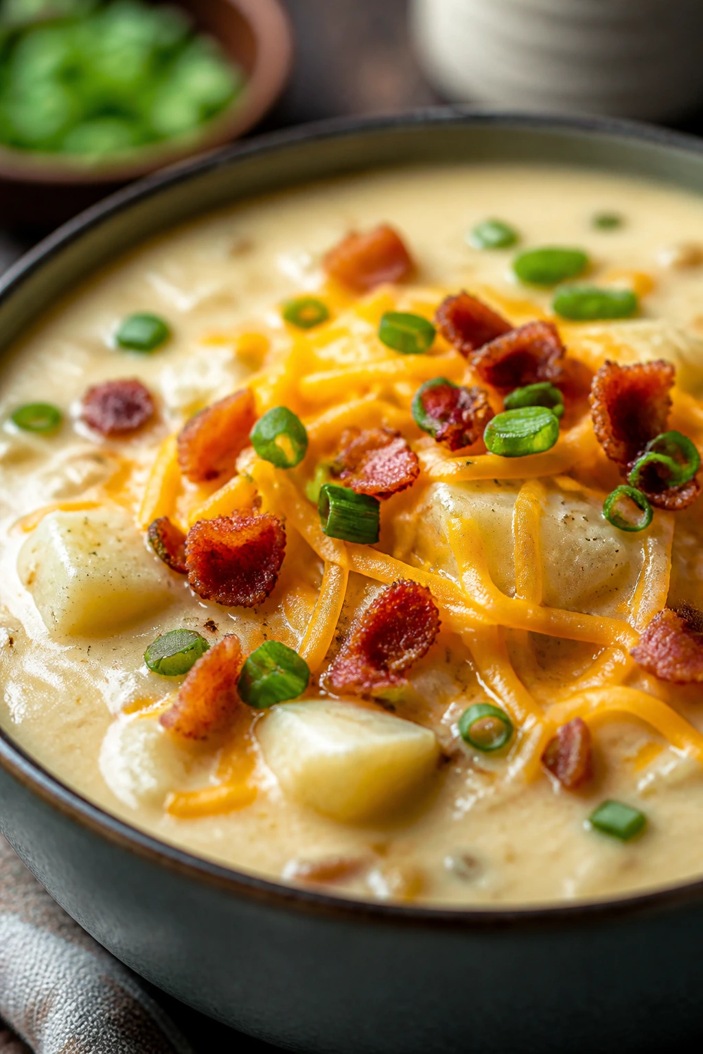 Creamy loaded baked potato soup with potato chunks