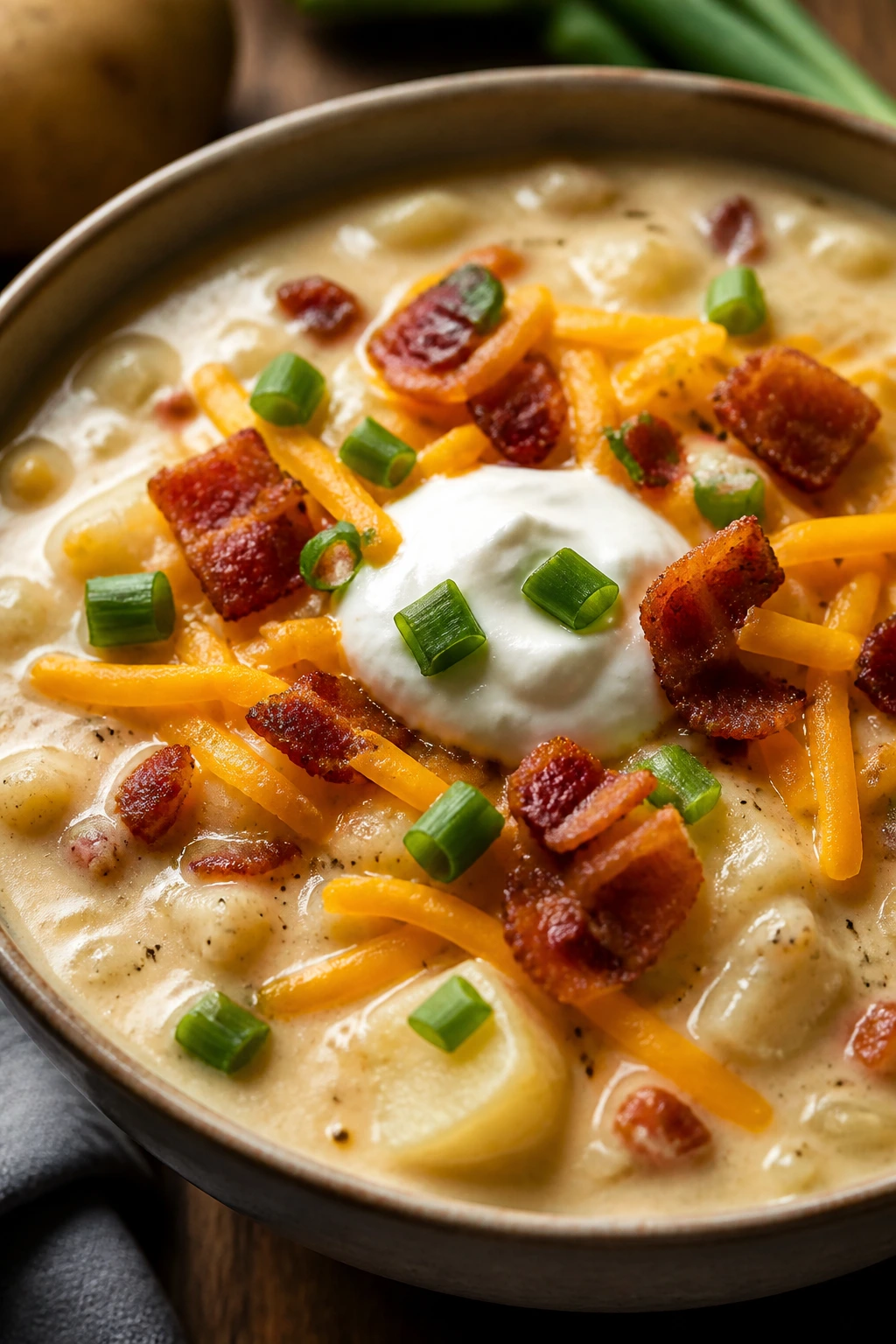 Close-up of loaded baked potato soup with toppings