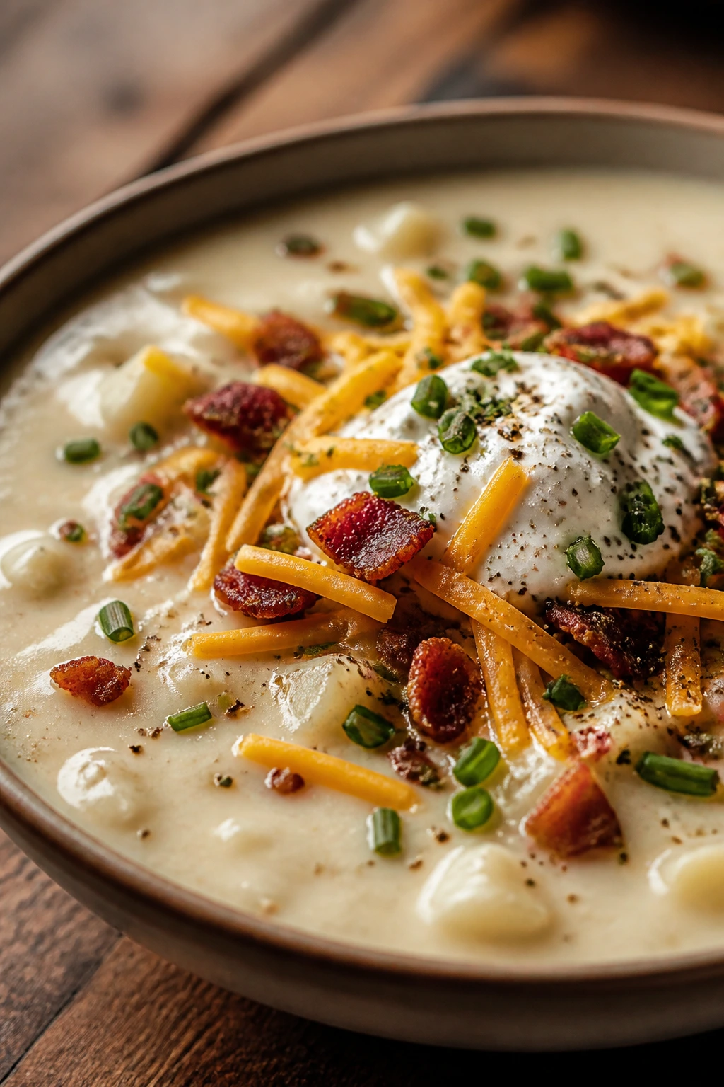 Loaded baked potato soup in a bowl with cheddar and chives