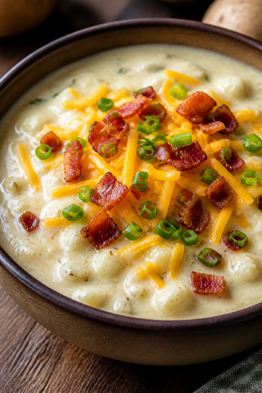 Bowl of loaded baked potato soup with cheddar and bacon