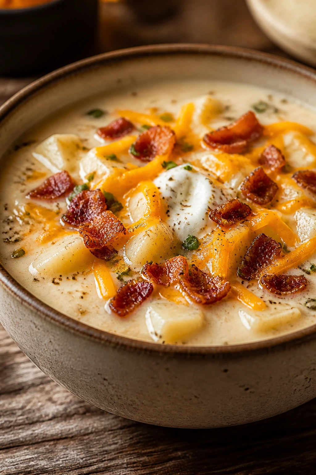 Creamy loaded baked potato soup in a bowl with bacon and cheddar topping