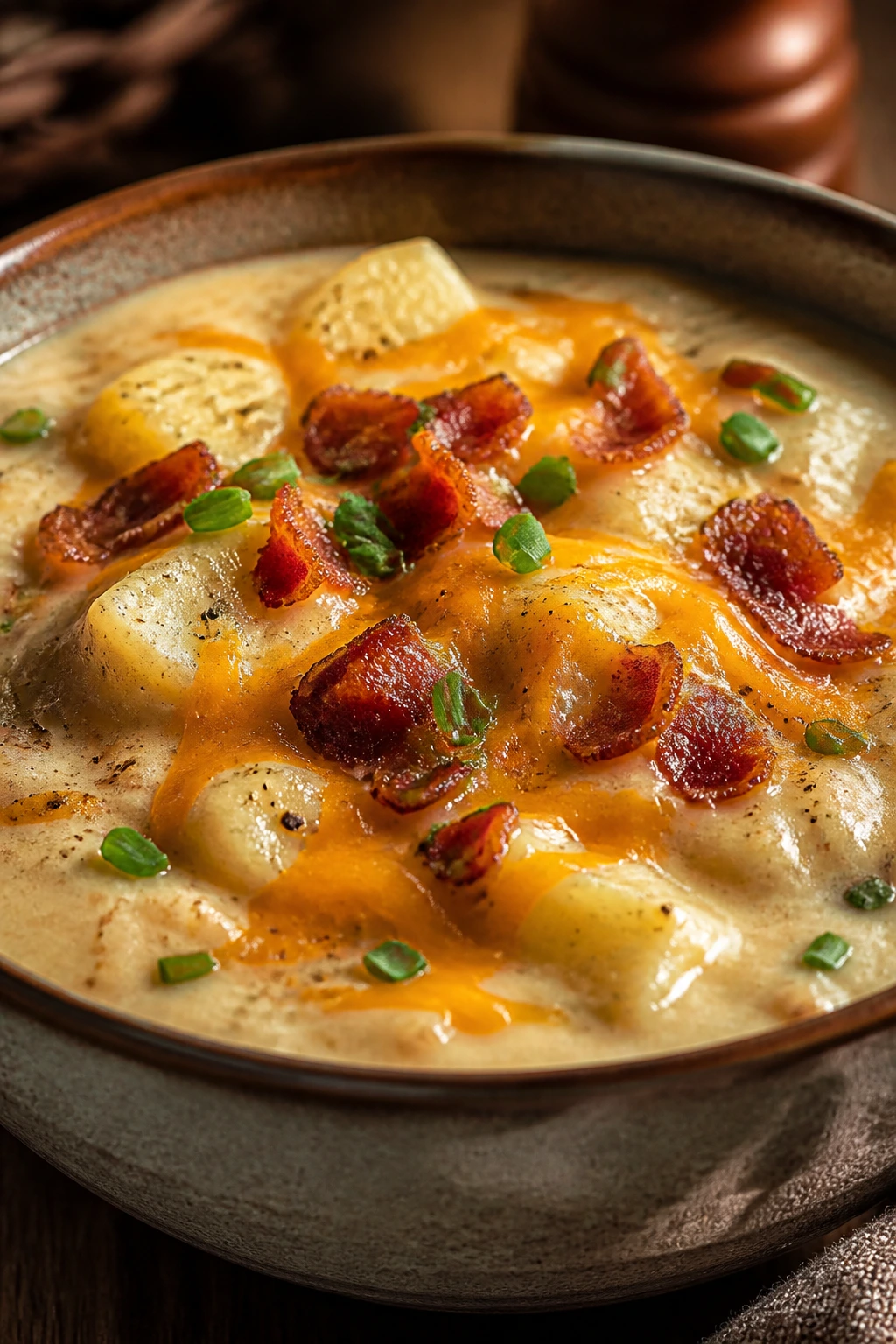 Loaded baked potato soup in a bowl with bacon and cheddar