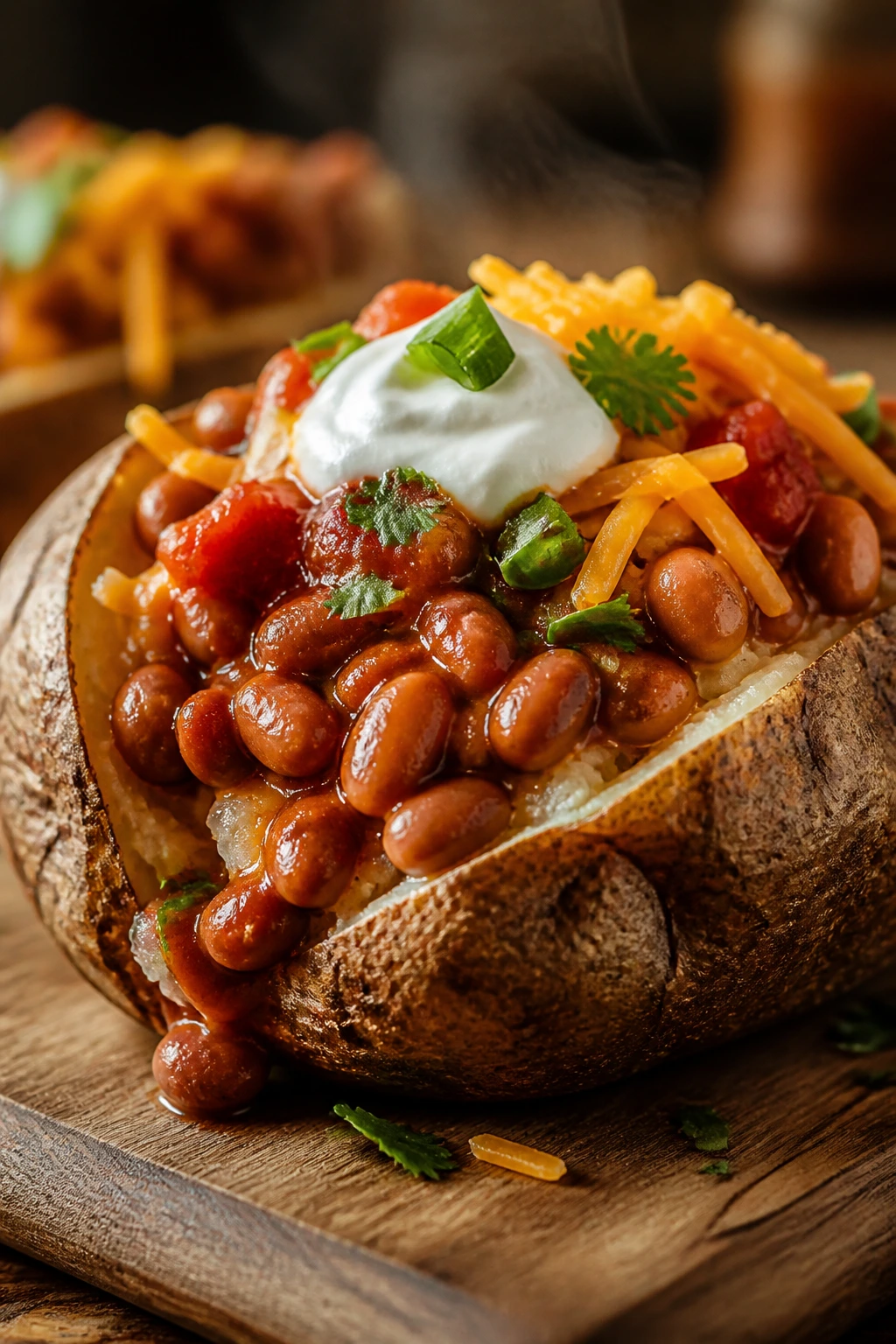Close-up of loaded baked potato with beans and toppings