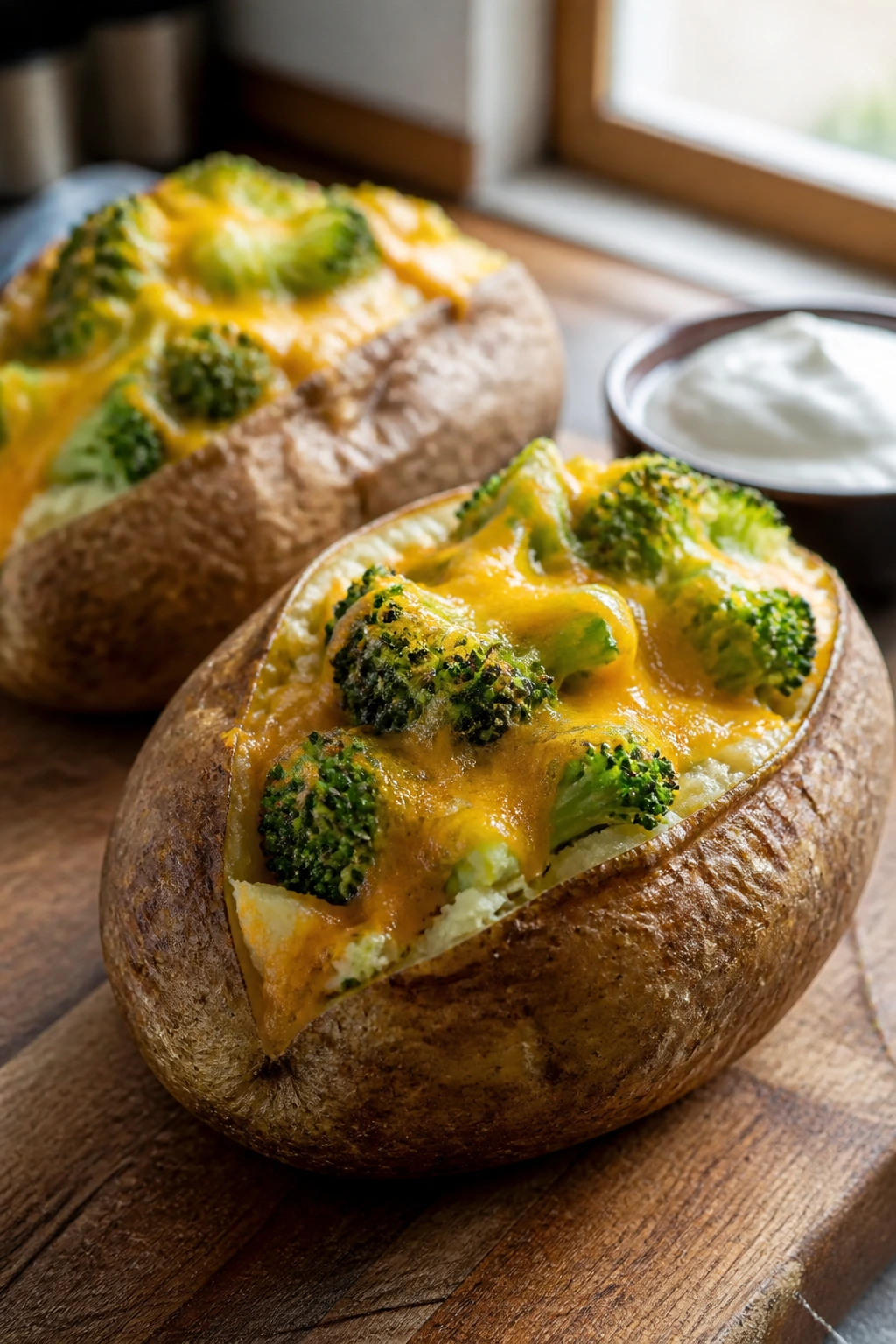 Close-up of loaded baked potatoes filled with broccoli and cheddar