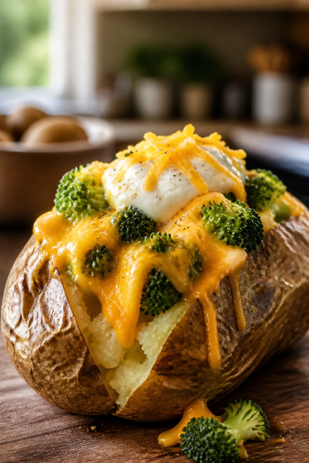Loaded baked potato with broccoli and cheddar on a wooden surface