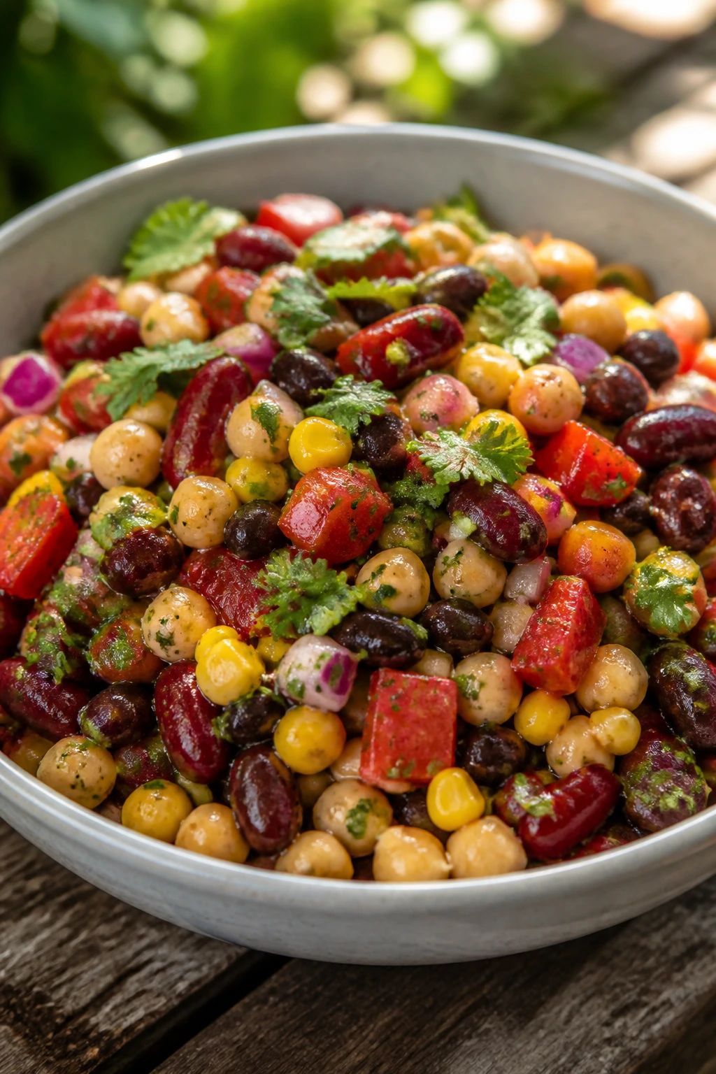 Close-up of loaded bean salad in a bowl on a rustic wooden picnic table