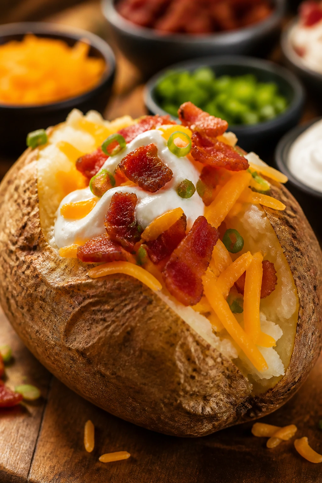 Fluffy baked potato split open with cheddar, sour cream, and bacon.