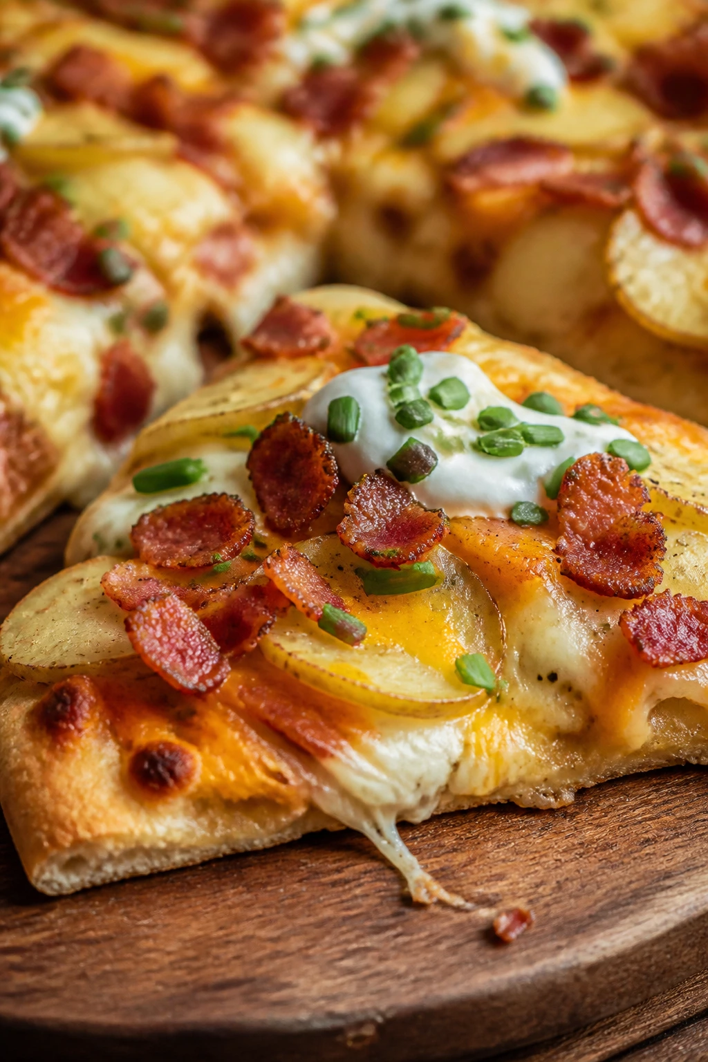 Close-up of loaded potato pizza slice with potatoes, bacon, and cheddar