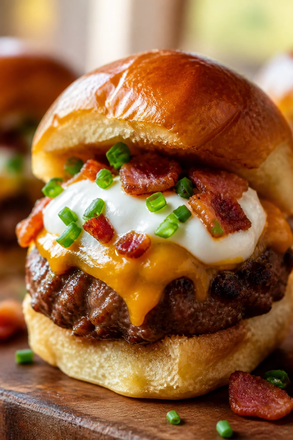 Close-up of loaded potato sliders with cheddar, sour cream, bacon on a wooden board