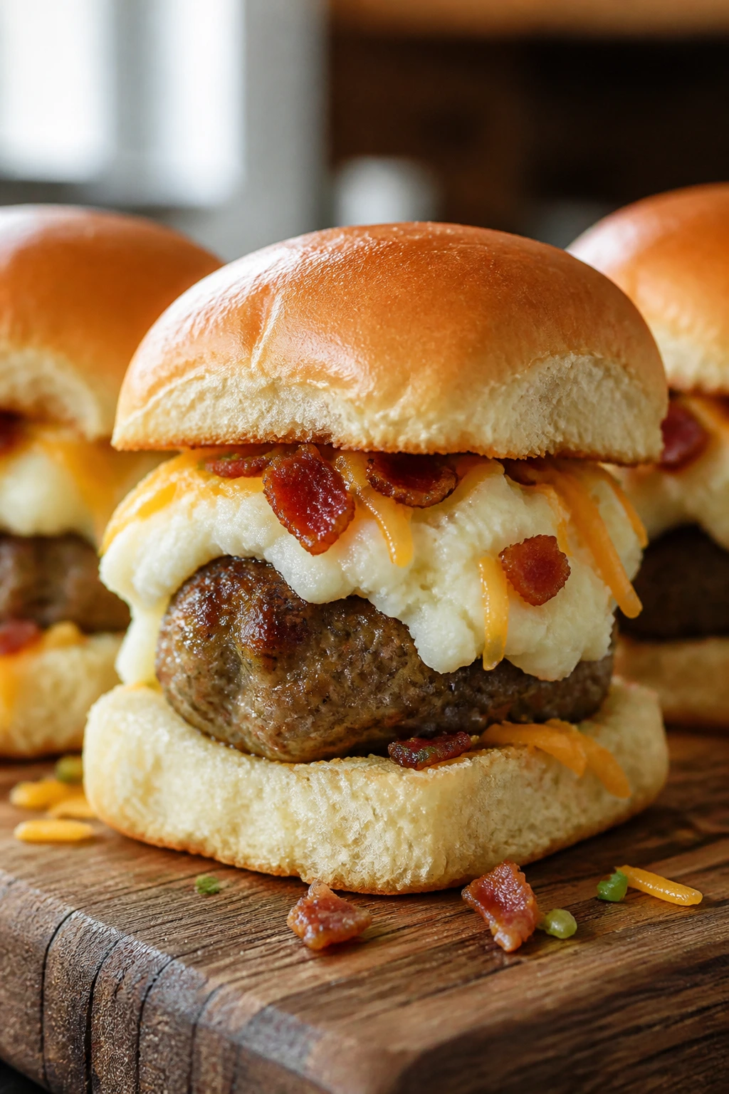 Close-up of a loaded potato slider with mashed potatoes, bacon, cheddar and meatball