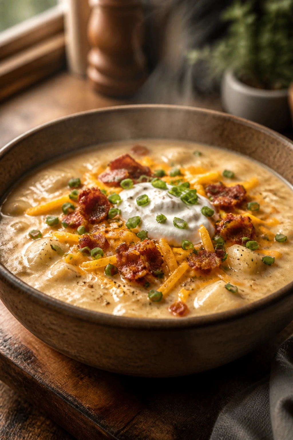 Close-up of creamy loaded potato soup in a rustic bowl with bacon, cheddar, and chives in a warm kitchen.