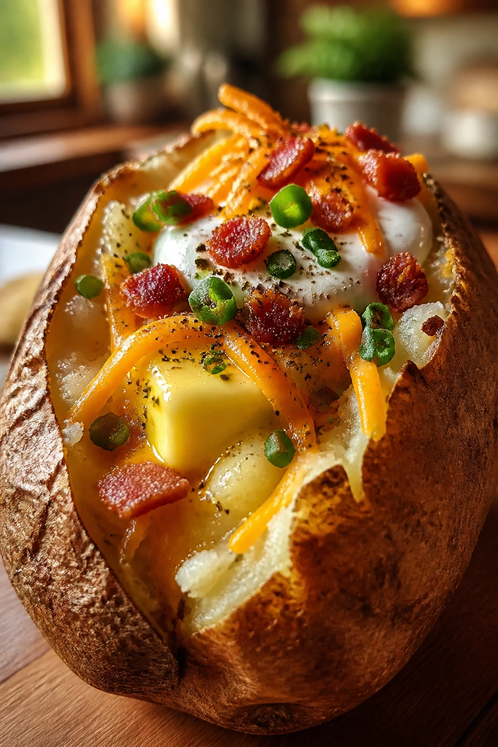 Close-up of a loaded baked potato with butter, sour cream, cheese, and bacon on a wooden table