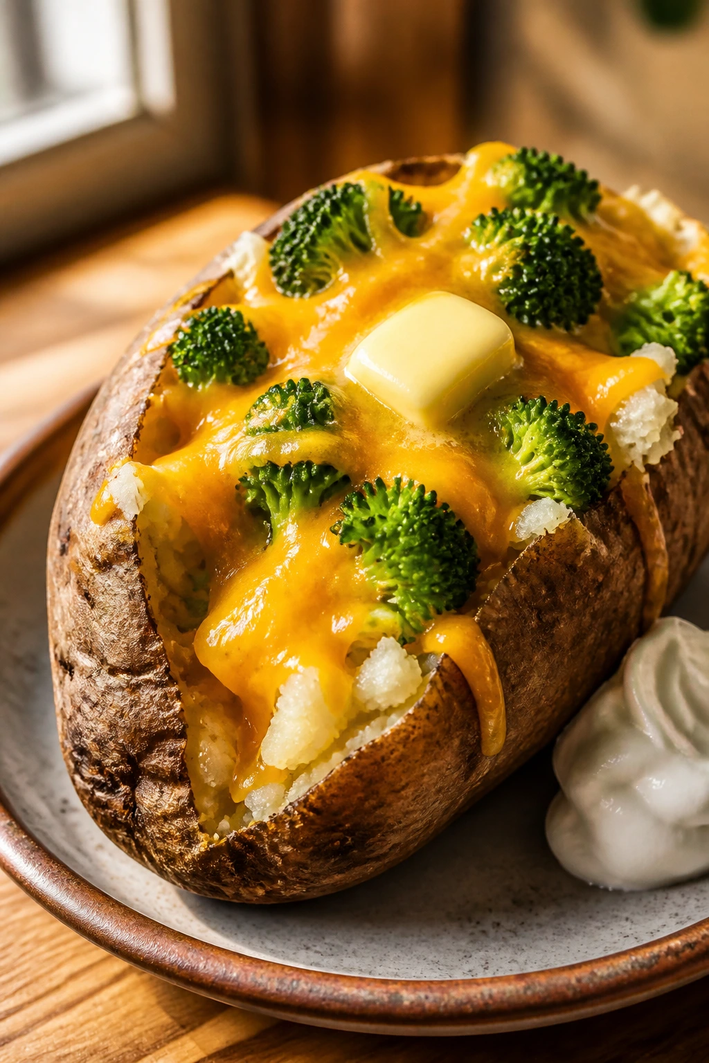 Close-up of loaded baked potato with cheddar and broccoli on a plate