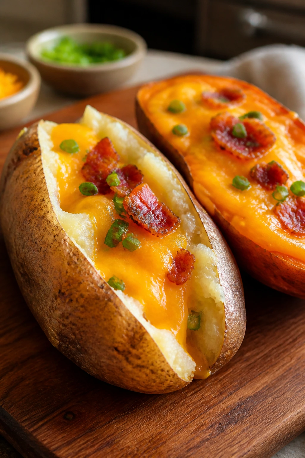 Two loaded potatoes (russet and sweet potato) with cheese on a wooden board