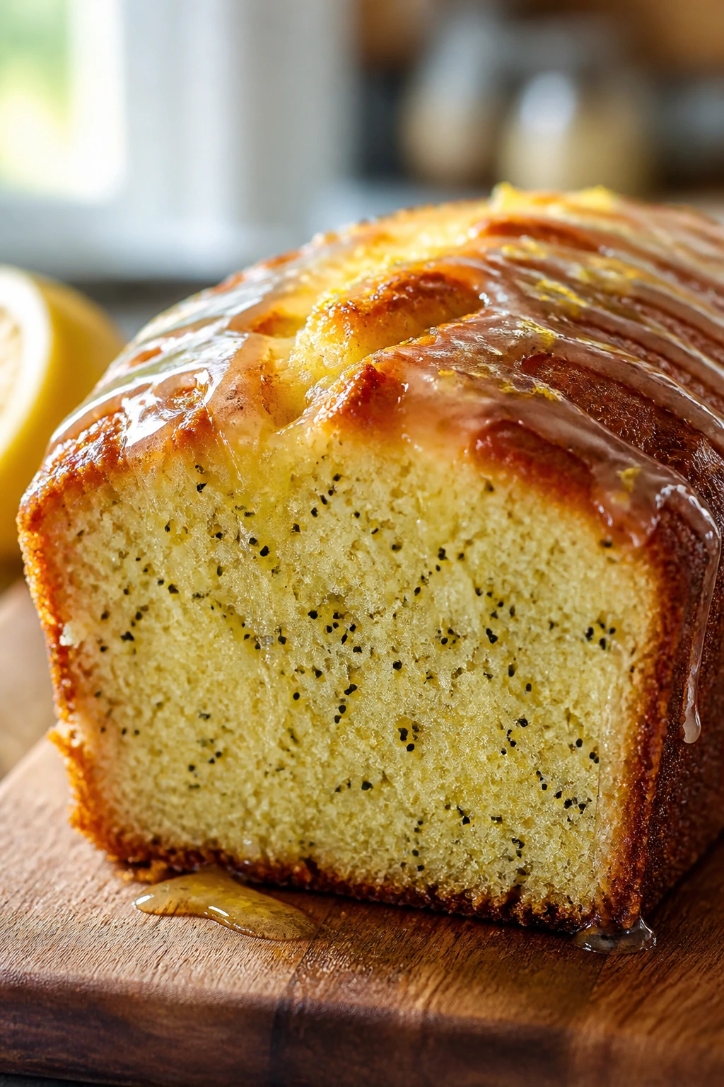 Close-up of lemon poppy seed loaf with honey drizzle, crumb visible.