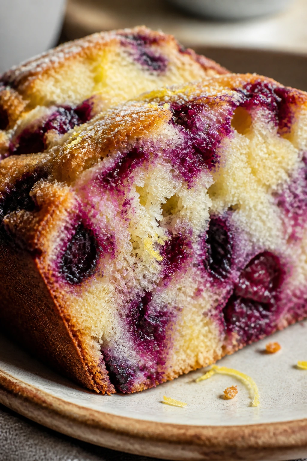 Close-up of lemon blackberry loaf cake slice on rustic plate