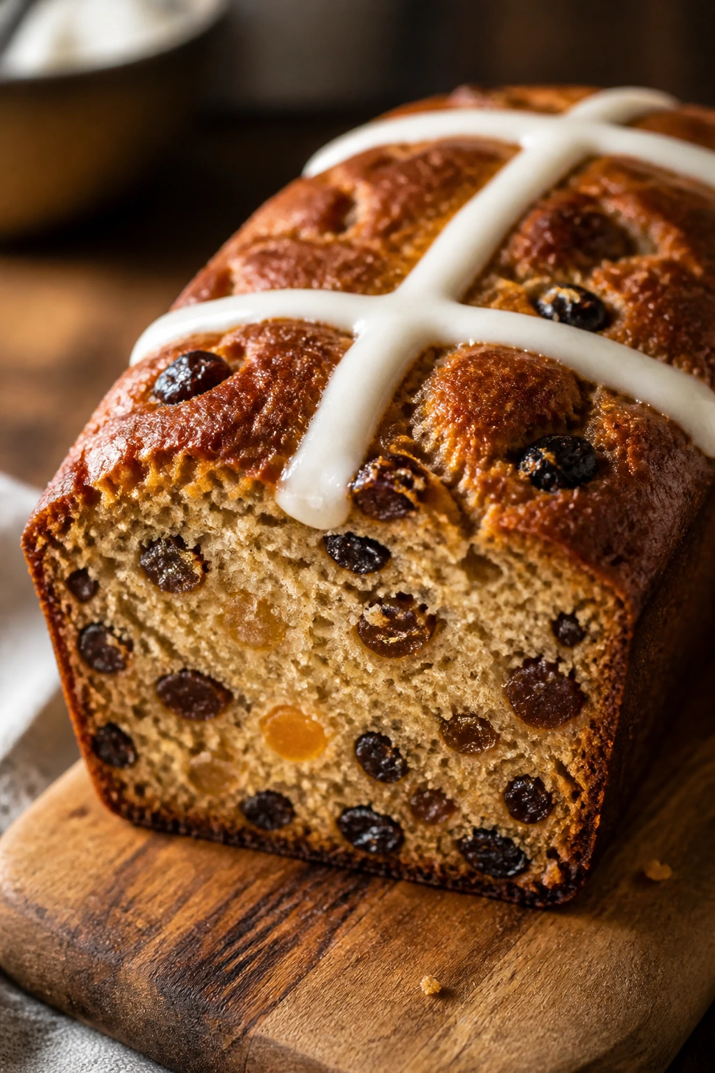 Loaf cake with spiced fruit and icing cross on warm kitchen counter
