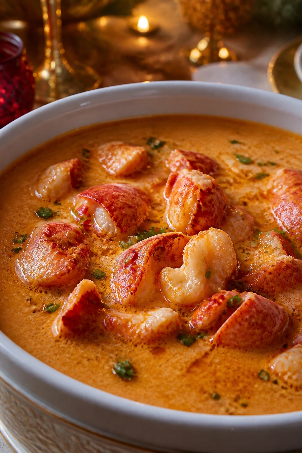 Close-up of lobster bisque in a bowl with lobster meat