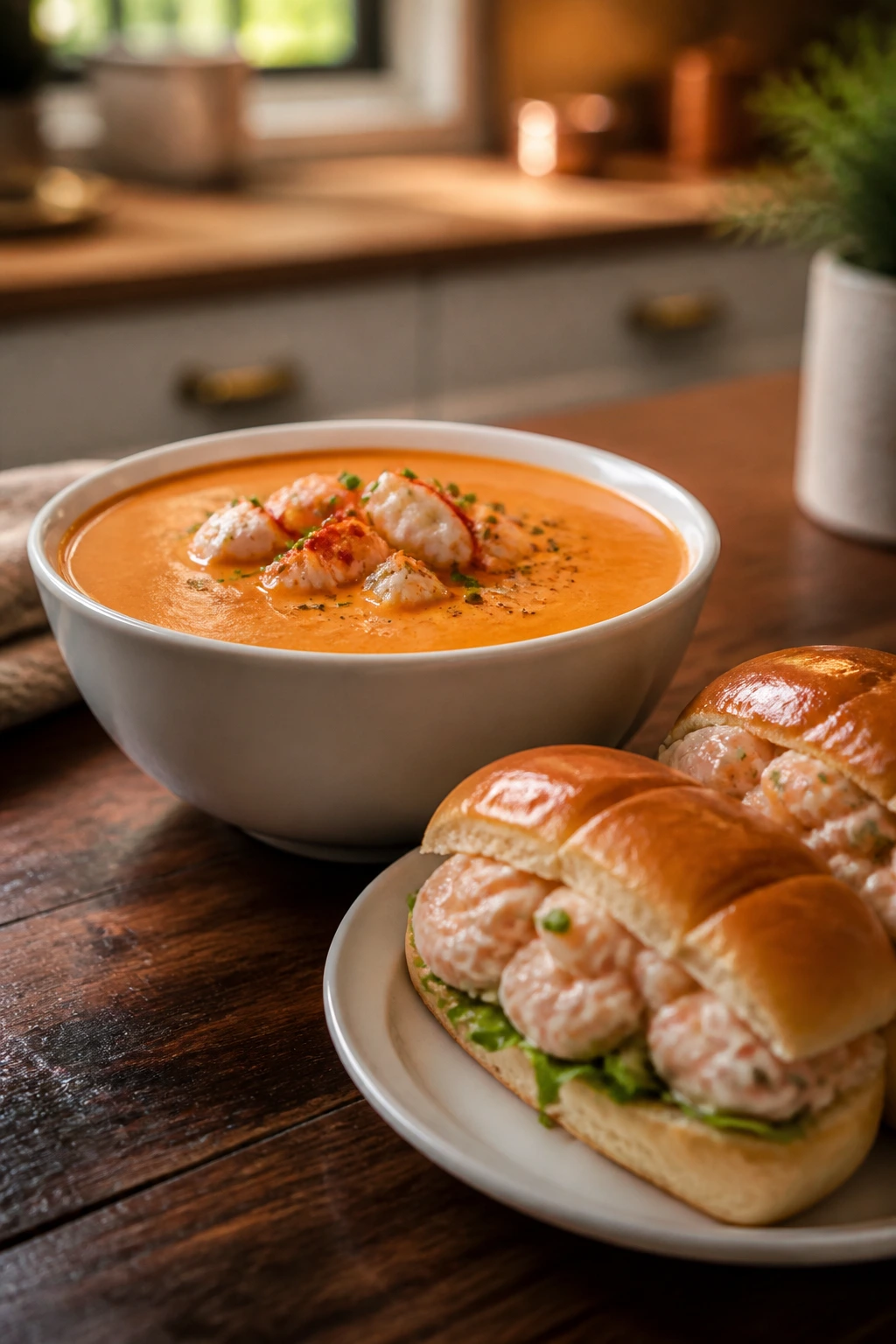 Lobster bisque in bowl with shrimp salad rolls on side.