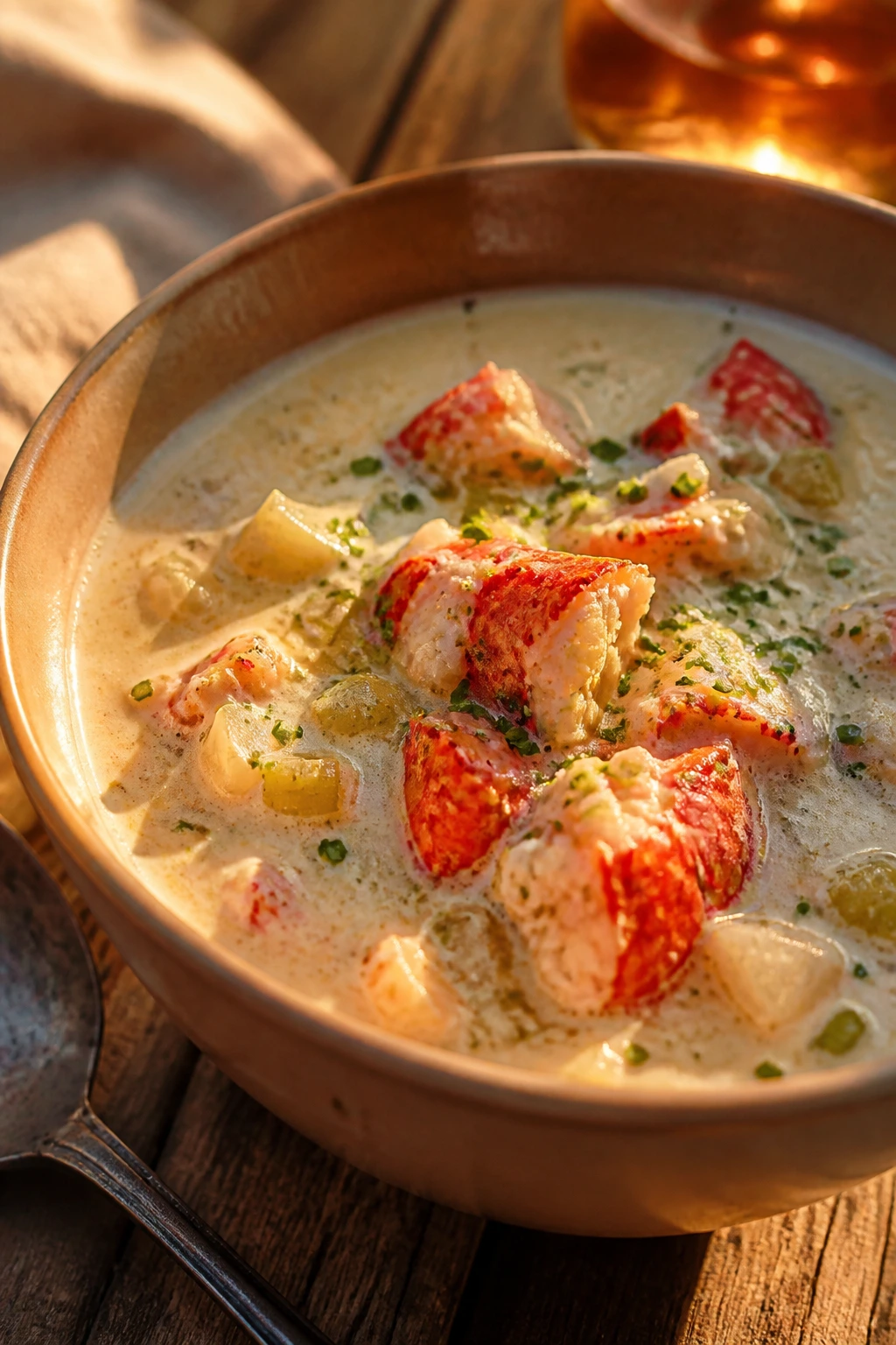 Creamy lobster chowder with lobster meat and chives in a rustic bowl