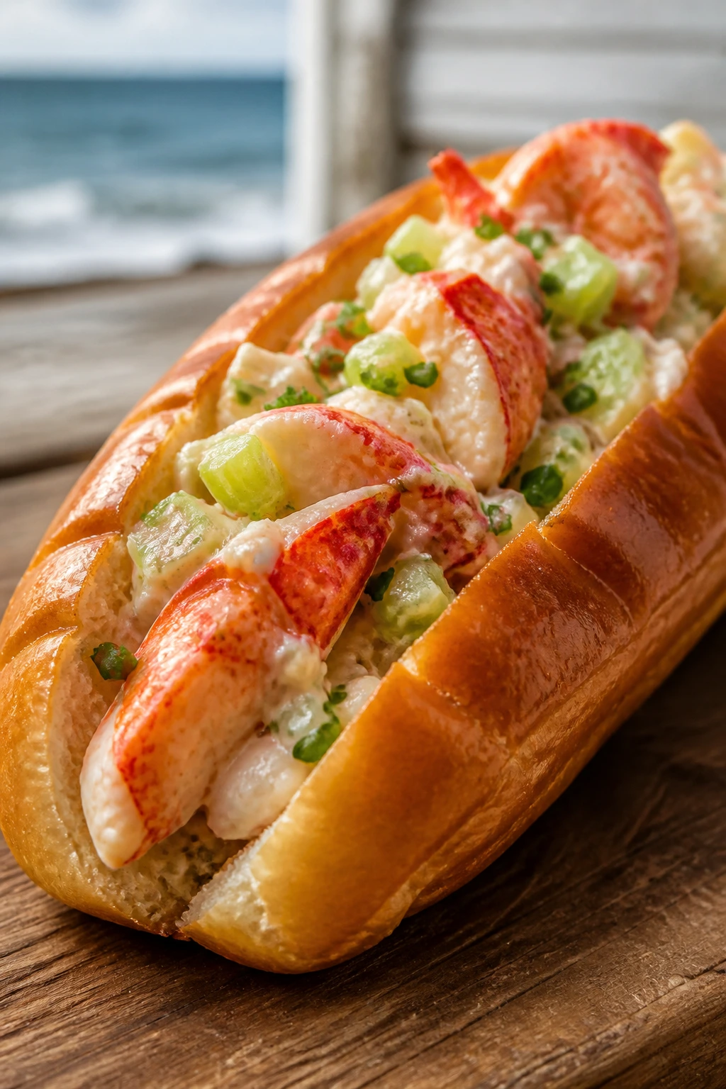 Close-up of Lobster Roll with Celery and Chives on a buttered bun