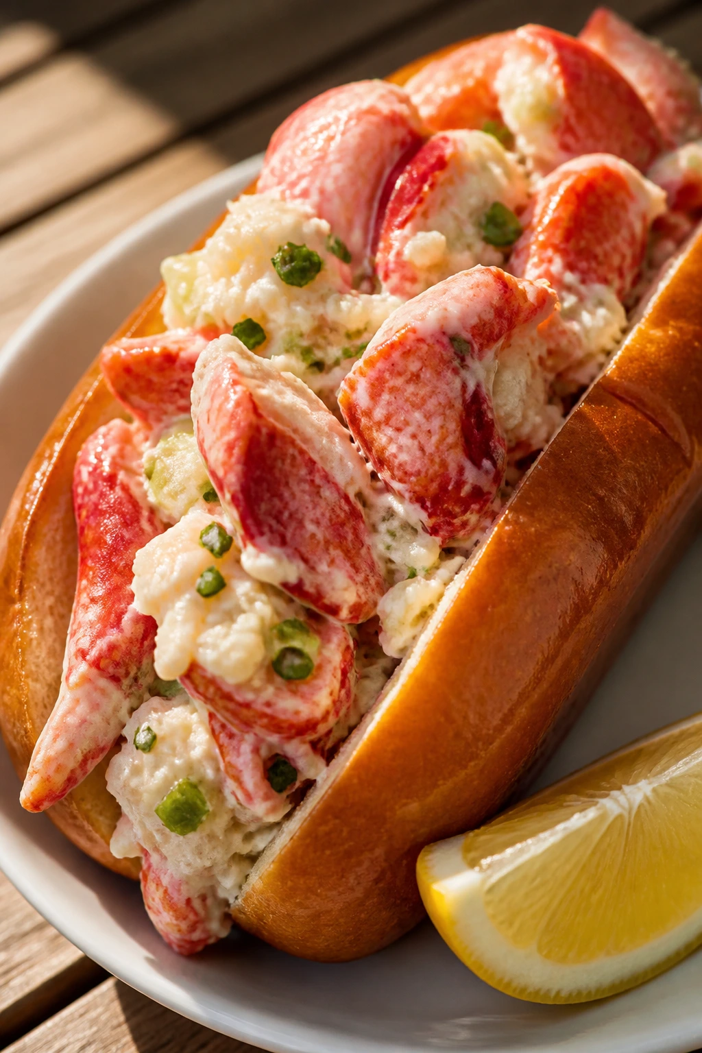 Lobster roll in a split-top bun with lemon wedge
