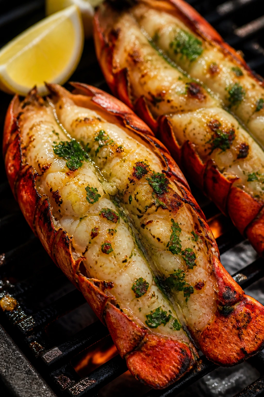 Grilled lobster tails with garlic-parsley butter close-up