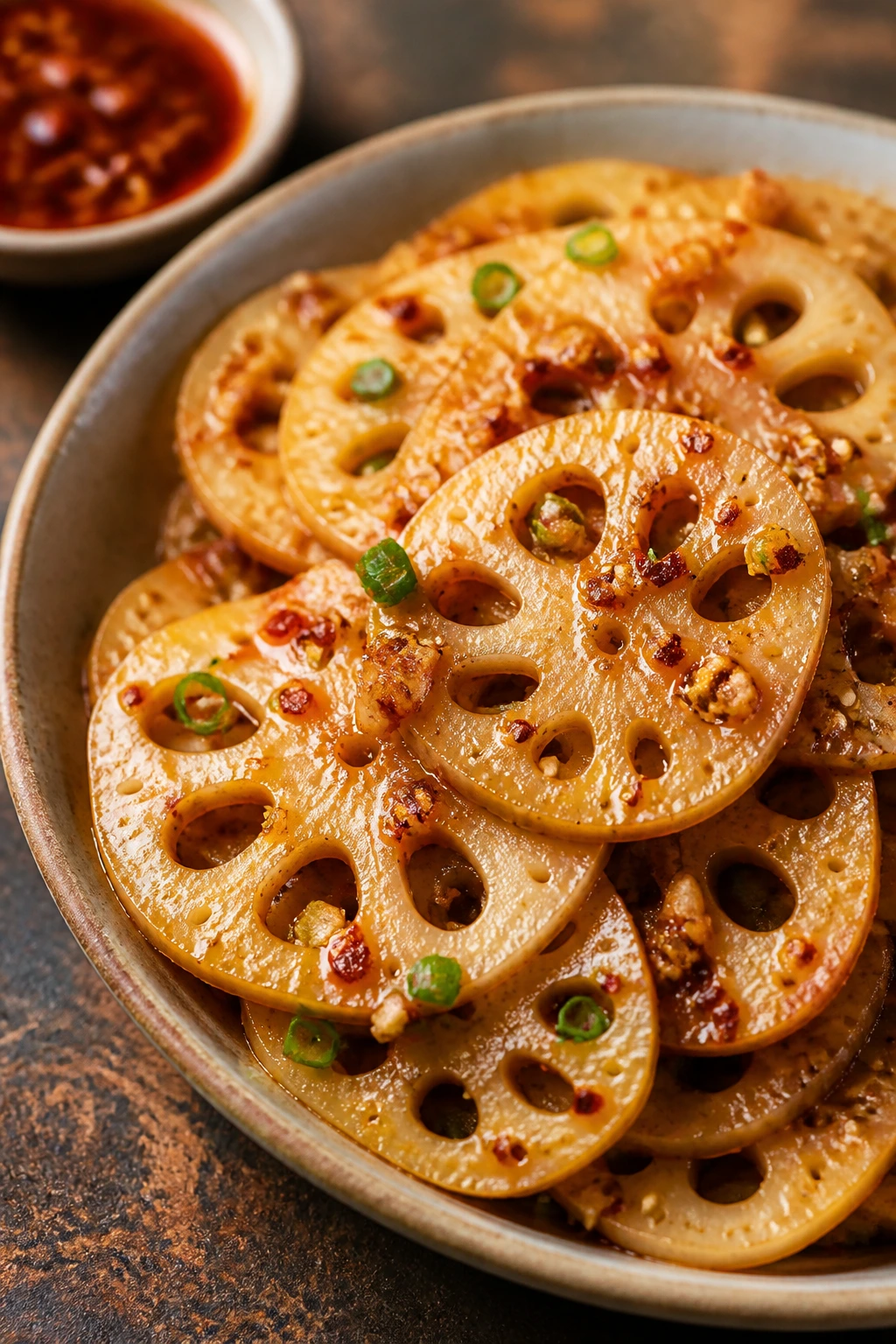 Close-up of spicy garlic lotus root slices with sesame seeds