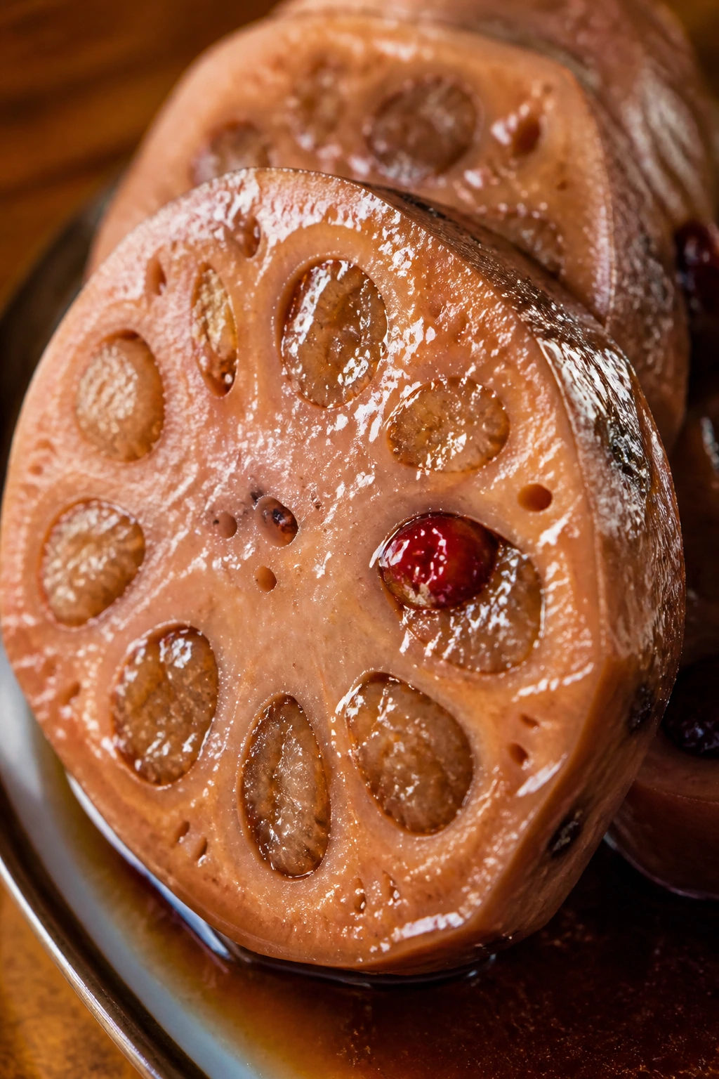 Close-up of lotus root stuffed with sticky rice