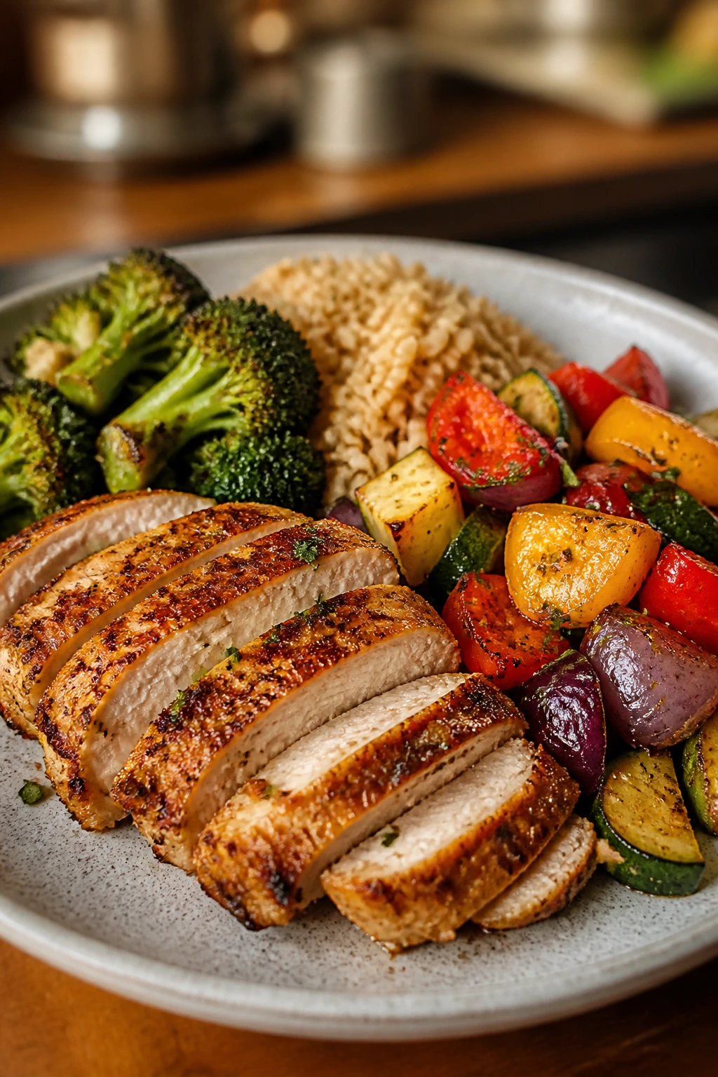 Vibrant under-500-calorie plated meal with protein, vegetables, and starch