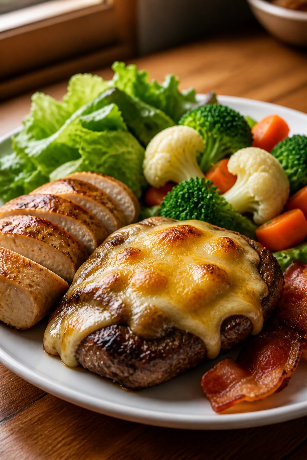 Close-up of a comforting low-carb dinner plate with familiar textures