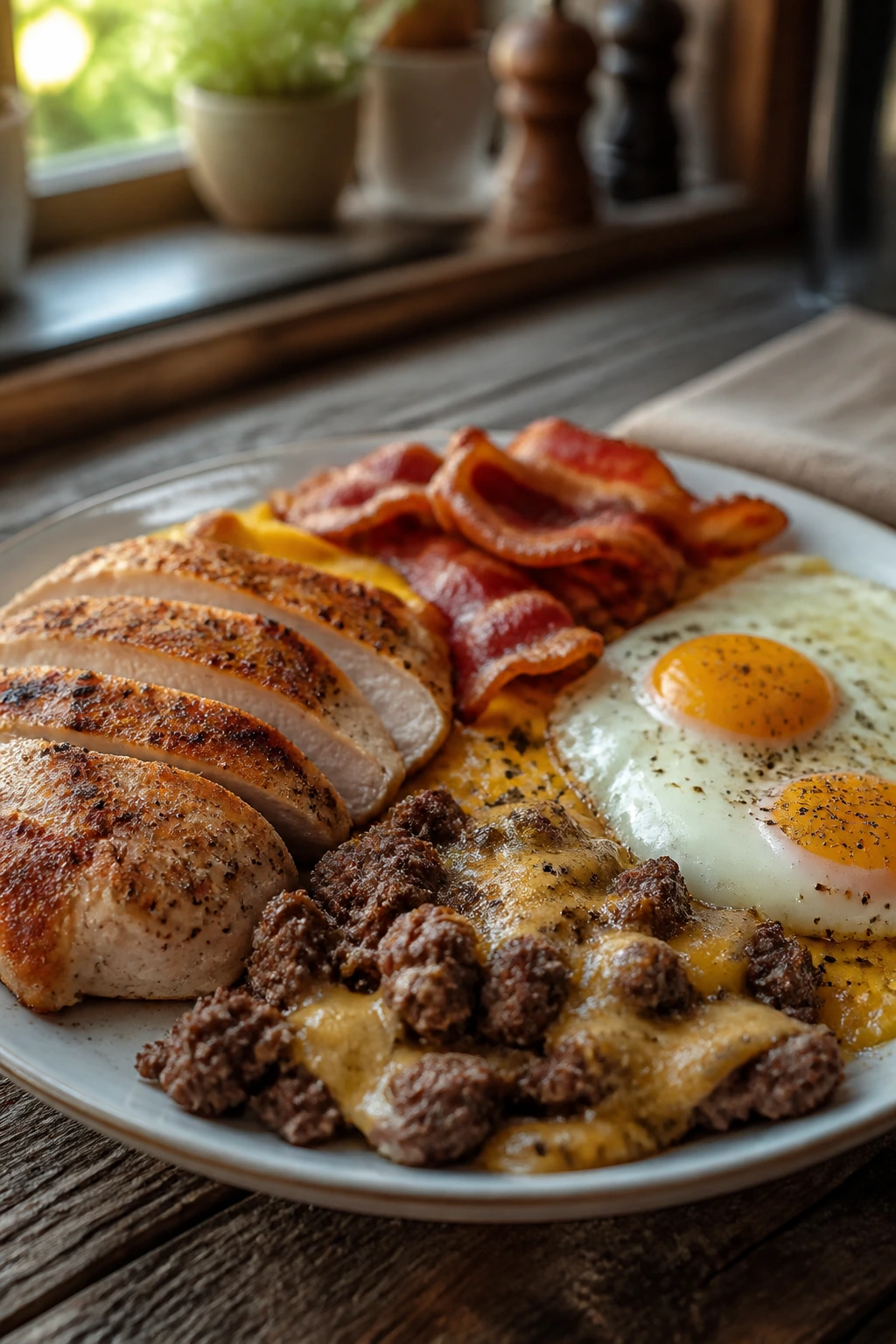 Close-up plate of familiar low-carb ingredients on a rustic table
