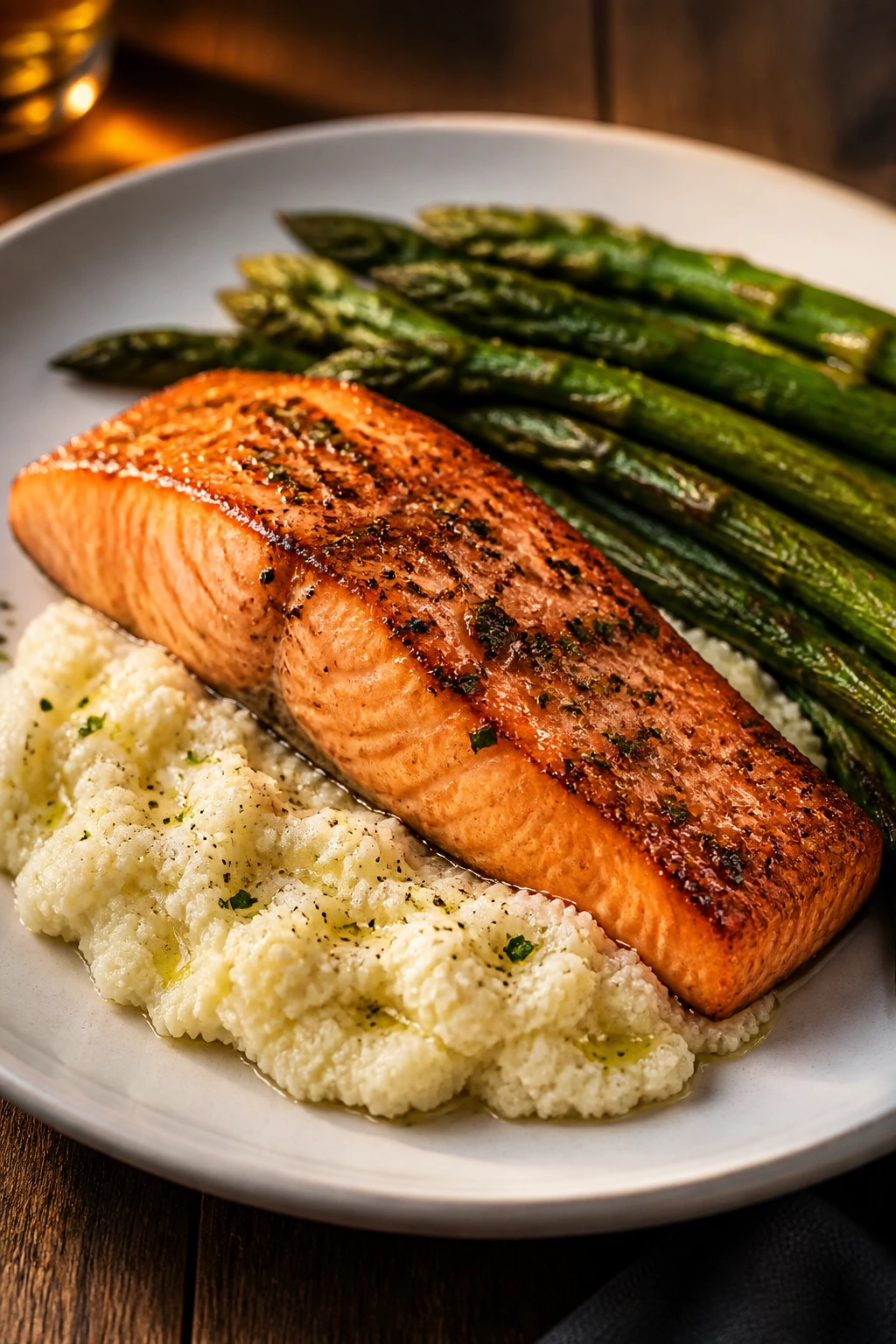 Plate of salmon with asparagus and cauliflower mash in a warm dinner setting