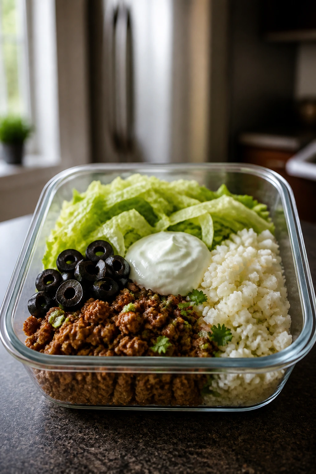 Close-up of a reheatable low-carb lunch bowl with turkey, lettuce, cauliflower rice, olives, and yogurt in a glass container