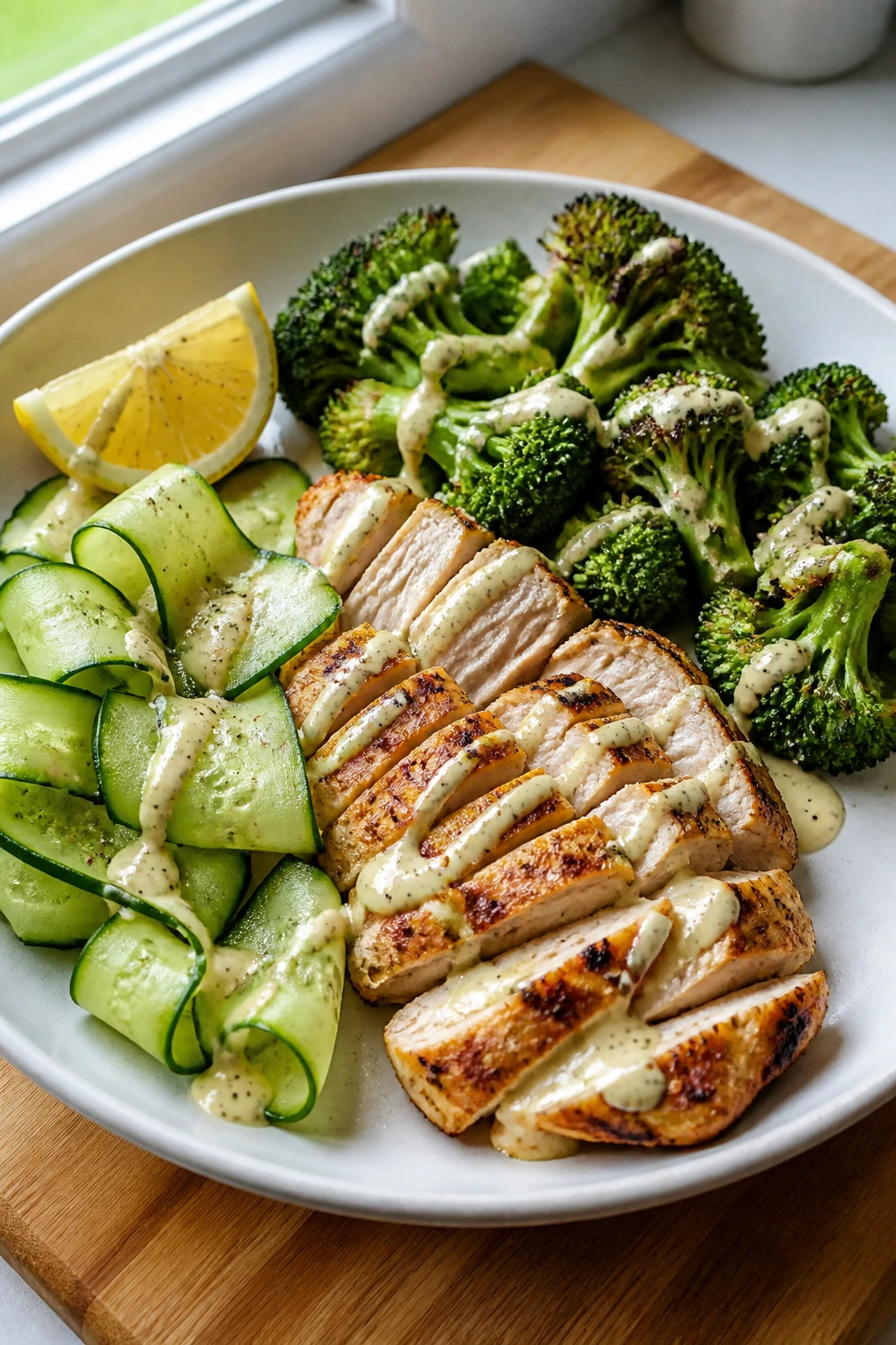 Plate with chicken, broccoli and cucumber ribbons under 500 calories