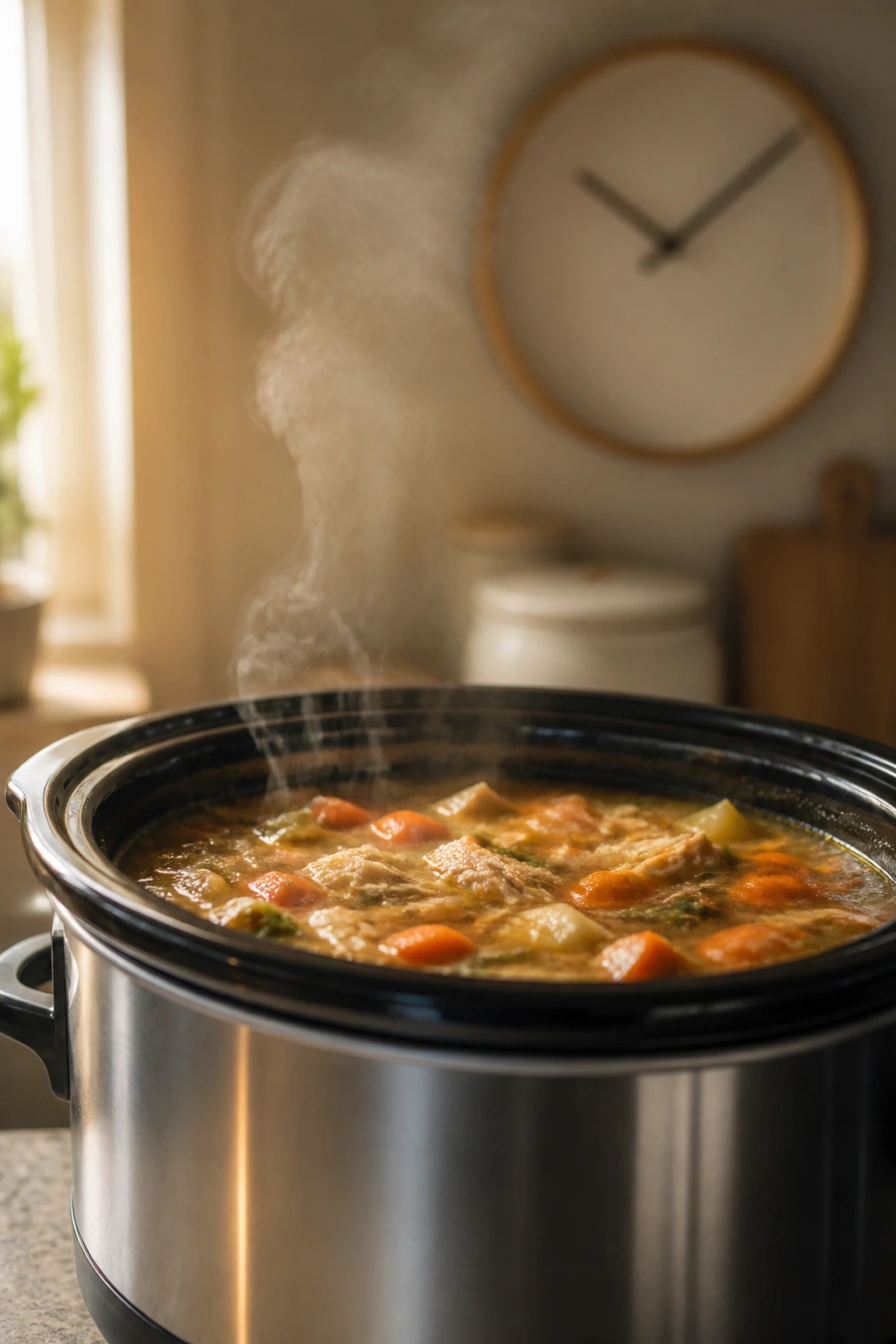 Crockpot steaming on a counter with a numeral-free clock in the background