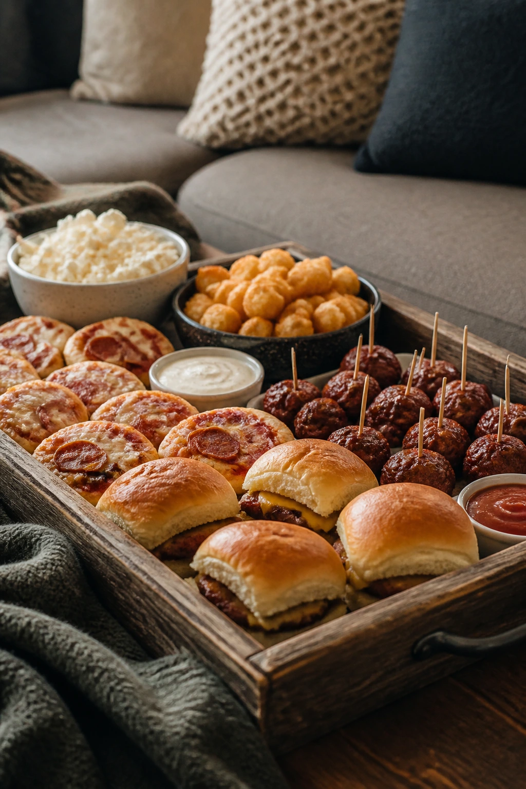 Tray of kid-friendly, low-mess dinners on a couch-side table