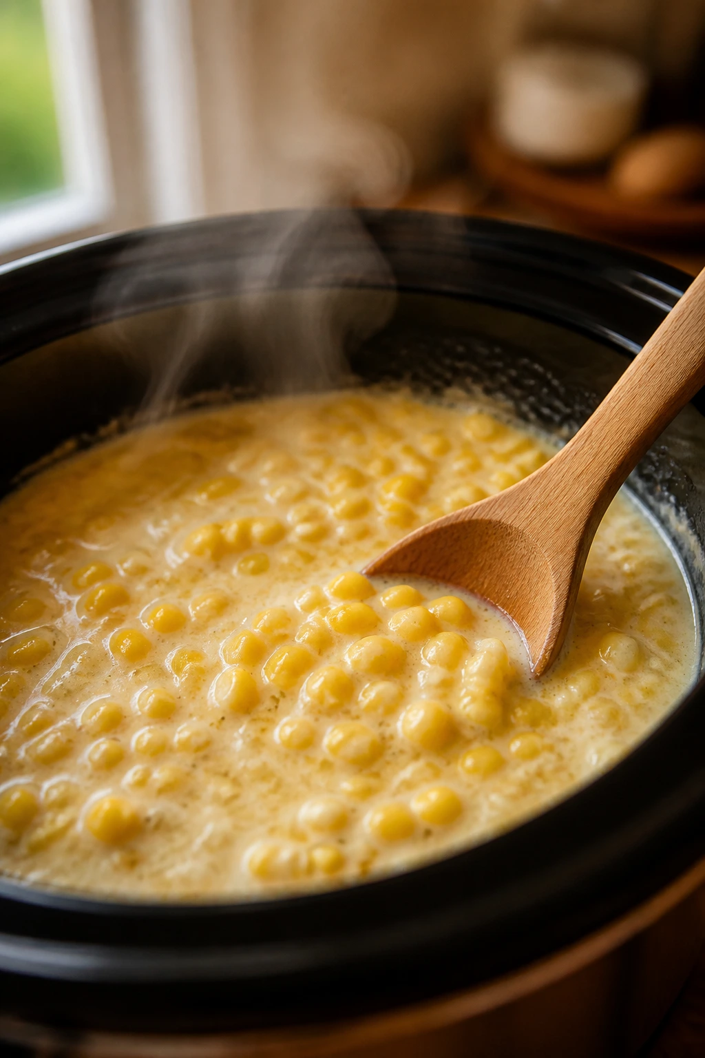 Creamed corn simmering gently in a slow cooker