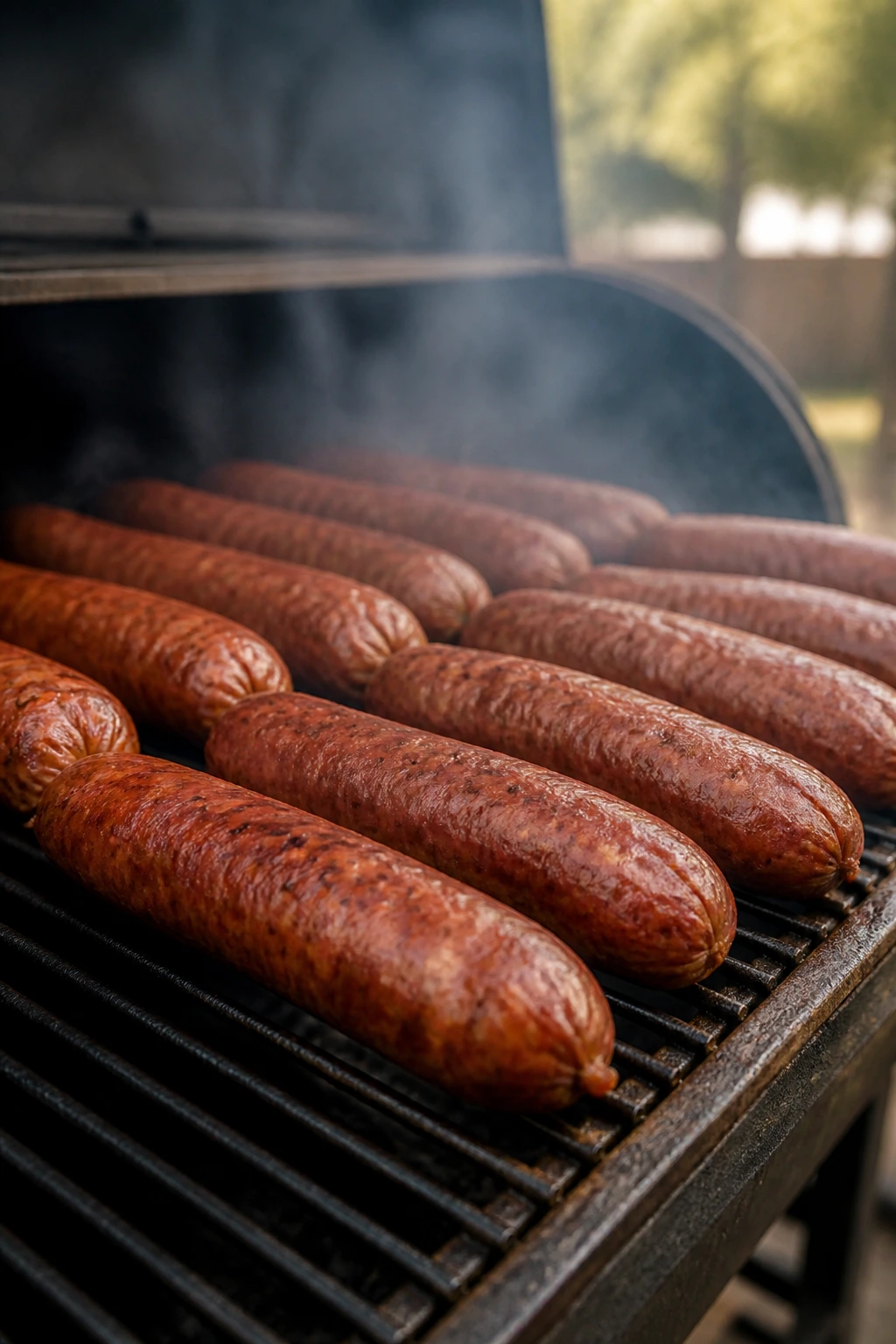 Sausages on a smoker rack with gentle smoke