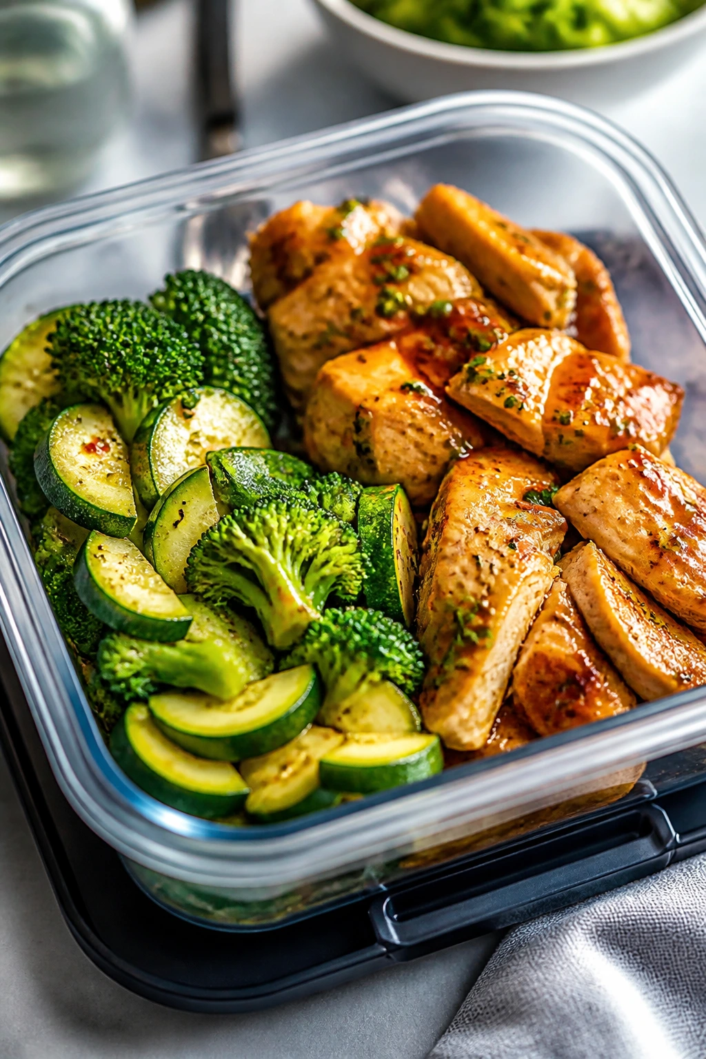 Meal-prep box showing lower-carb vegetables and chicken