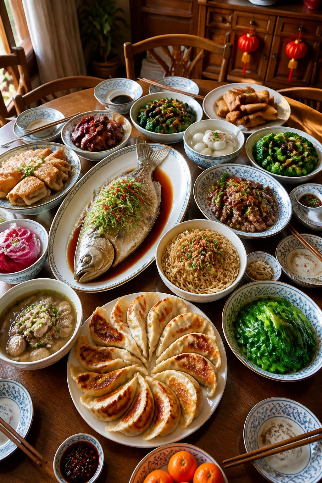 Top-down view of a homemade Lunar New Year table with dumplings and dishes
